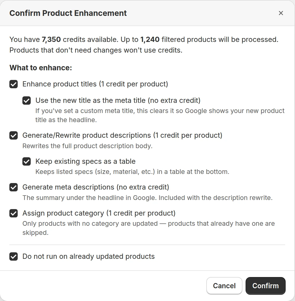 The Norlif AI Descriptions, Titles confirm dialog: product titles, descriptions and categories each cost 1 credit per product, and the meta title and meta description come with them at no extra credit