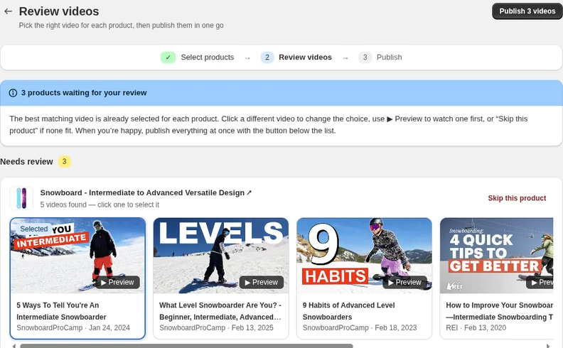 The Norlif YouTube Video Finder review screen: five YouTube videos found for a snowboard, with the best match preselected and Preview and Skip this product options