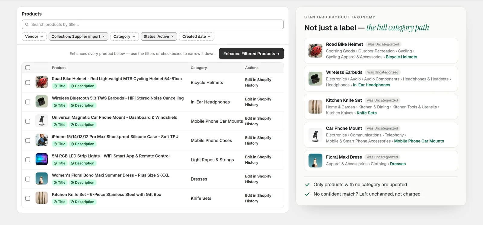 The Norlif products list with categories assigned, and cards showing products moved from Uncategorized to their full category path