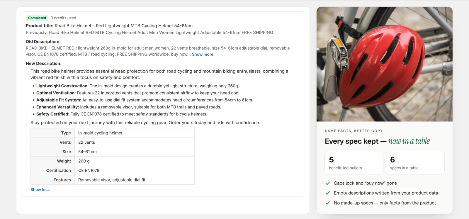 A Norlif run result: the old supplier title and description next to the new description with benefit bullets and a spec table