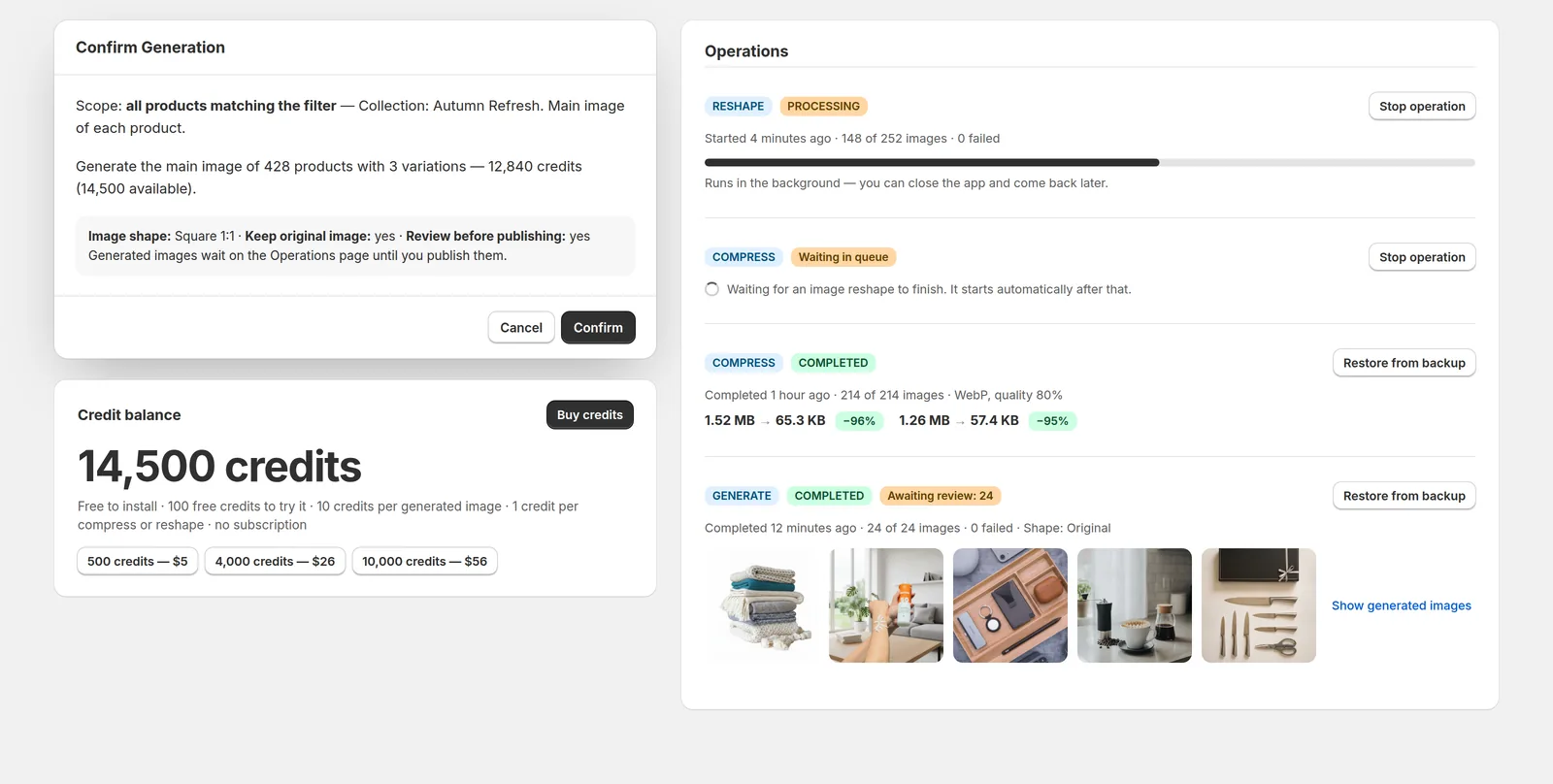 A confirmation dialog stating the run covers 428 products and 12,840 credits, beside an operations list showing a run in progress, a queued operation and a completed one