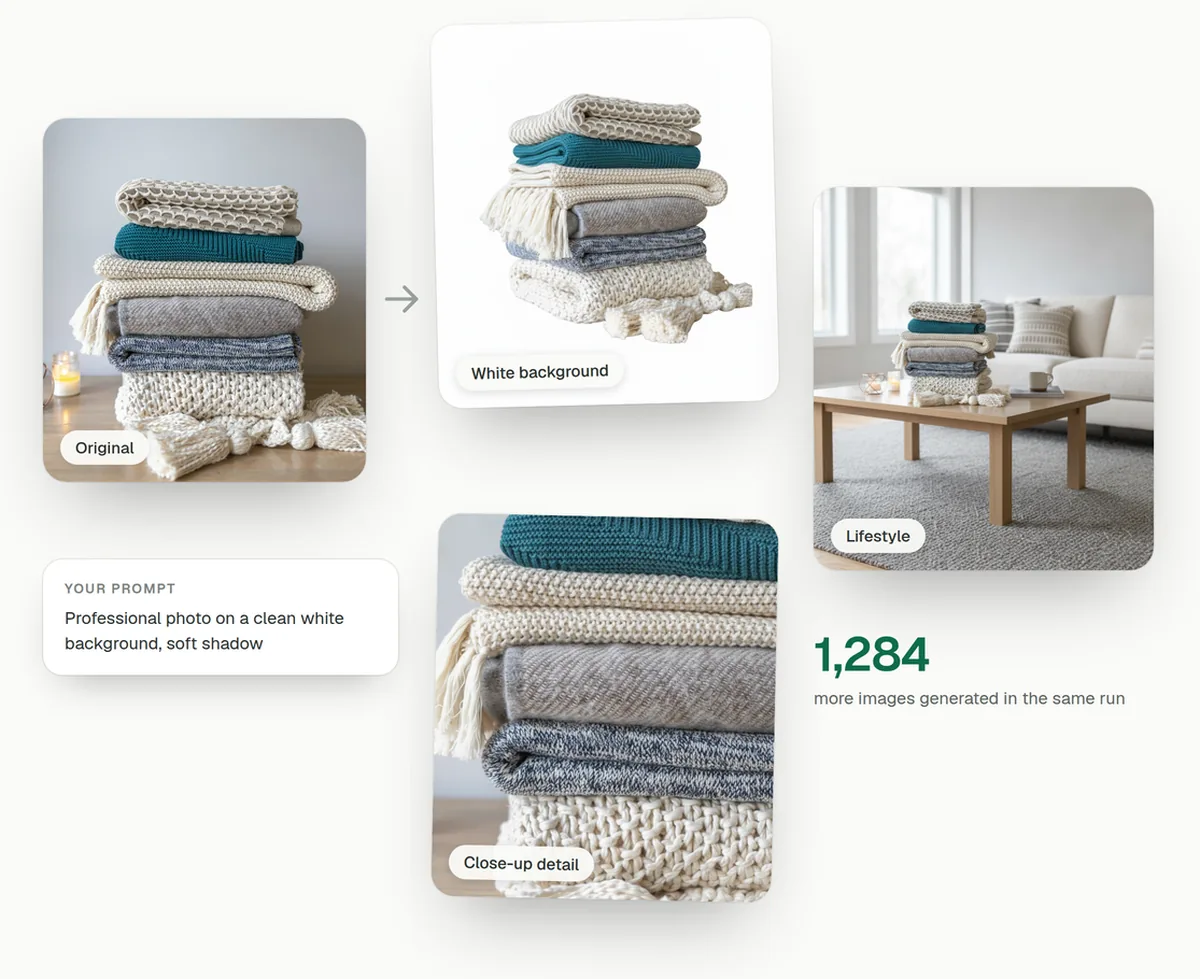 One product photo of folded linen blankets beside three AI-generated versions of it: on a white background, styled in a living room, and as a close-up of the texture