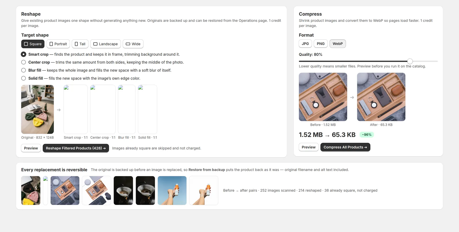 Reshape settings with four crop methods previewed on one photo, beside compression settings showing a file going from 1.52 MB to 65.3 KB