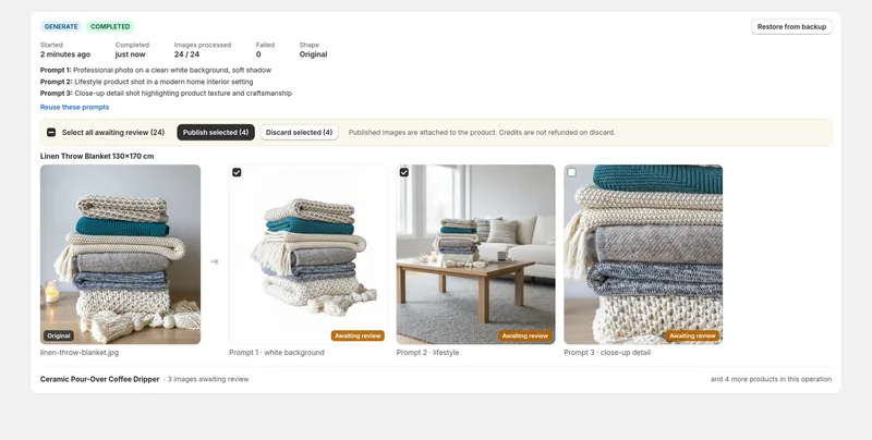 The Operations page showing an original blanket photo beside three AI results, each with a checkbox and an Awaiting review label, above Publish selected and Discard selected buttons