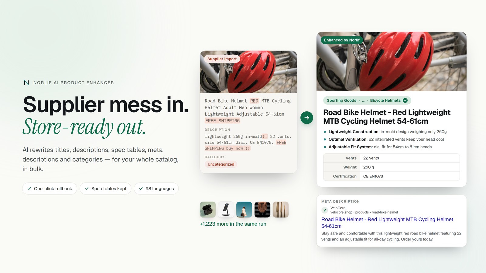 Norlif AI Product Enhancer: Bulk-Fix Shopify Titles, Descriptions, Meta &amp; Categories